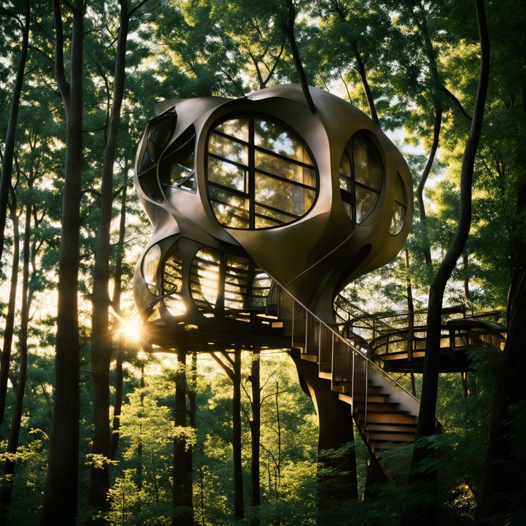 A Santiago Calatrava-inspired futuristic tree house nestled among towering canopies in a lush forest, bathed in warm sunlight filtering through the leaves. Camera settings: manual mode, f/8 aperture, ISO 200.