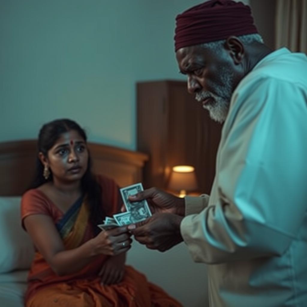 A tense scene set in a dimly lit bedroom, featuring a scared Indian woman with a distressed expression as she hands over cash to an older African male, who appears visibly angry and is dressed in traditional attire