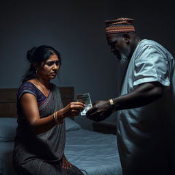 A tense scene set in a dimly lit bedroom, featuring a scared Indian woman with a distressed expression as she hands over cash to an older African male, who appears visibly angry and is dressed in traditional attire