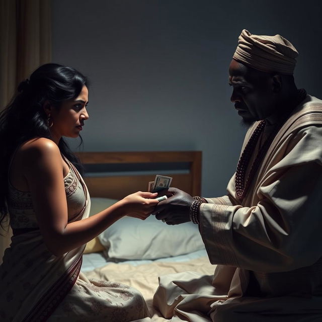 A tense scene set in a dimly lit bedroom, featuring a scared Indian woman with a distressed expression as she hands over cash to an older African male, who appears visibly angry and is dressed in traditional attire