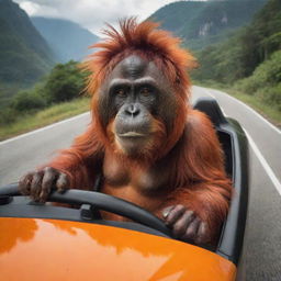 A whimsical image of an orangutan with vibrant orange fur, experiencing the thrill of riding in a sleek, high-end Lamborghini, navigating through scenic landscapes with a hilarious sense of authority.