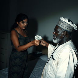 A dramatic and intense scene set in a dimly lit bedroom, featuring a scared Indian woman with visible bruises and a black eye, reflecting her distress as she hands over cash to an older African male, who is dressed in traditional attire and appears visibly angry