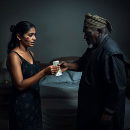 A dramatic and intense scene set in a dimly lit bedroom, featuring a scared Indian woman with visible bruises and a black eye, reflecting her distress as she hands over cash to an older African male, who is dressed in traditional attire and appears visibly angry