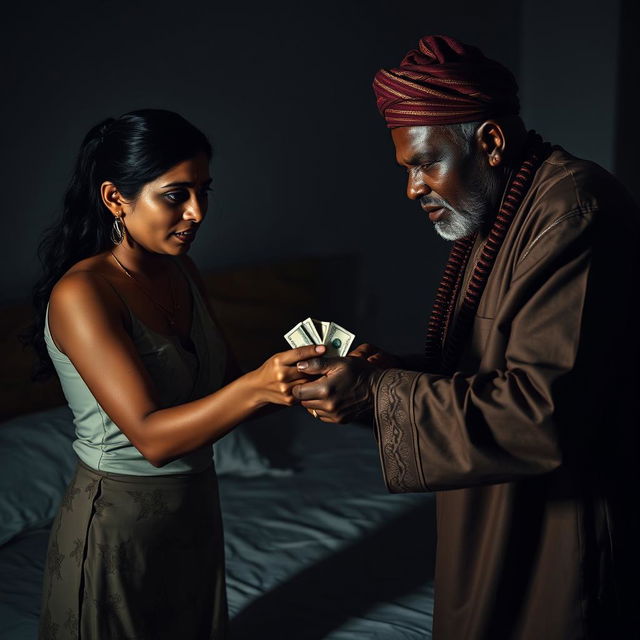 A dramatic and intense scene set in a dimly lit bedroom, featuring a scared Indian woman with visible bruises and a black eye, reflecting her distress as she hands over cash to an older African male, who is dressed in traditional attire and appears visibly angry