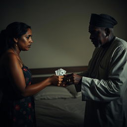 A dramatic and intense scene set in a dimly lit bedroom, featuring a scared Indian woman with visible bruises and a black eye, reflecting her distress as she hands over cash to an older African male, who is dressed in traditional attire and appears visibly angry