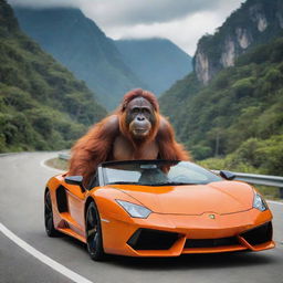 A whimsical image of an orangutan with vibrant orange fur, experiencing the thrill of riding in a sleek, high-end Lamborghini, navigating through scenic landscapes with a hilarious sense of authority.