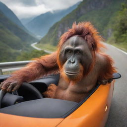 A whimsical image of an orangutan with vibrant orange fur, experiencing the thrill of riding in a sleek, high-end Lamborghini, navigating through scenic landscapes with a hilarious sense of authority.