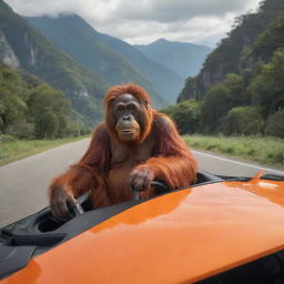 A whimsical image of an orangutan with vibrant orange fur, experiencing the thrill of riding in a sleek, high-end Lamborghini, navigating through scenic landscapes with a hilarious sense of authority.