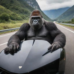 A humorously unique image of a powerful gorilla, nonchalantly enjoying a ride in a high-end, luxurious Lamborghini, cruising down a scenic highway with an aura of incongruous prestige.