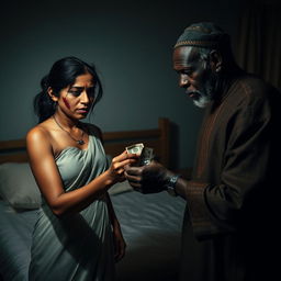 A dramatic and intense scene set in a dimly lit bedroom, featuring a scared Indian woman with visible bruises and a black eye, accompanied by white stains in her hair, reflecting her distress as she hands over cash to an older African male