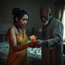A dramatic and intense scene set in a dimly lit bedroom, featuring a scared Indian woman with visible bruises and a black eye, accompanied by white stains in her hair, reflecting her distress as she hands over cash to an older African male