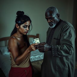 A dramatic and intense scene set in a dimly lit bedroom, featuring a scared Indian woman with visible bruises and a black eye, accompanied by white stains in her hair, reflecting her distress as she hands over cash to an older African male