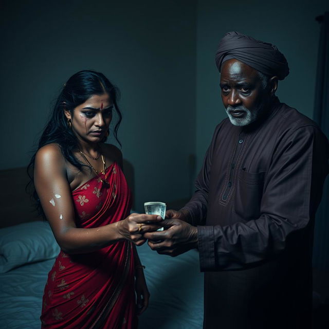 A dramatic and intense scene set in a dimly lit bedroom, featuring a scared Indian woman with visible bruises and a black eye, accompanied by white stains in her hair, reflecting her distress as she hands over cash to an older African male