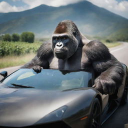 A humorously unique image of a powerful gorilla, nonchalantly enjoying a ride in a high-end, luxurious Lamborghini, cruising down a scenic highway with an aura of incongruous prestige.