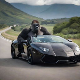 A humorously unique image of a powerful gorilla, nonchalantly enjoying a ride in a high-end, luxurious Lamborghini, cruising down a scenic highway with an aura of incongruous prestige.