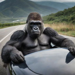 A humorously unique image of a powerful gorilla, nonchalantly enjoying a ride in a high-end, luxurious Lamborghini, cruising down a scenic highway with an aura of incongruous prestige.