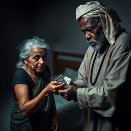 A dramatic scene in a dimly lit bedroom, featuring a scared older Indian woman with visible bruises, a black eye, and white stains in her hair, illustrating her distress