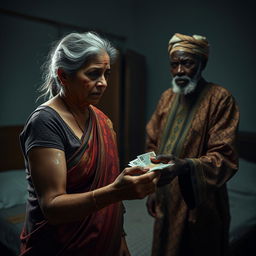 A dramatic scene in a dimly lit bedroom, featuring a scared older Indian woman with visible bruises, a black eye, and white stains in her hair, illustrating her distress