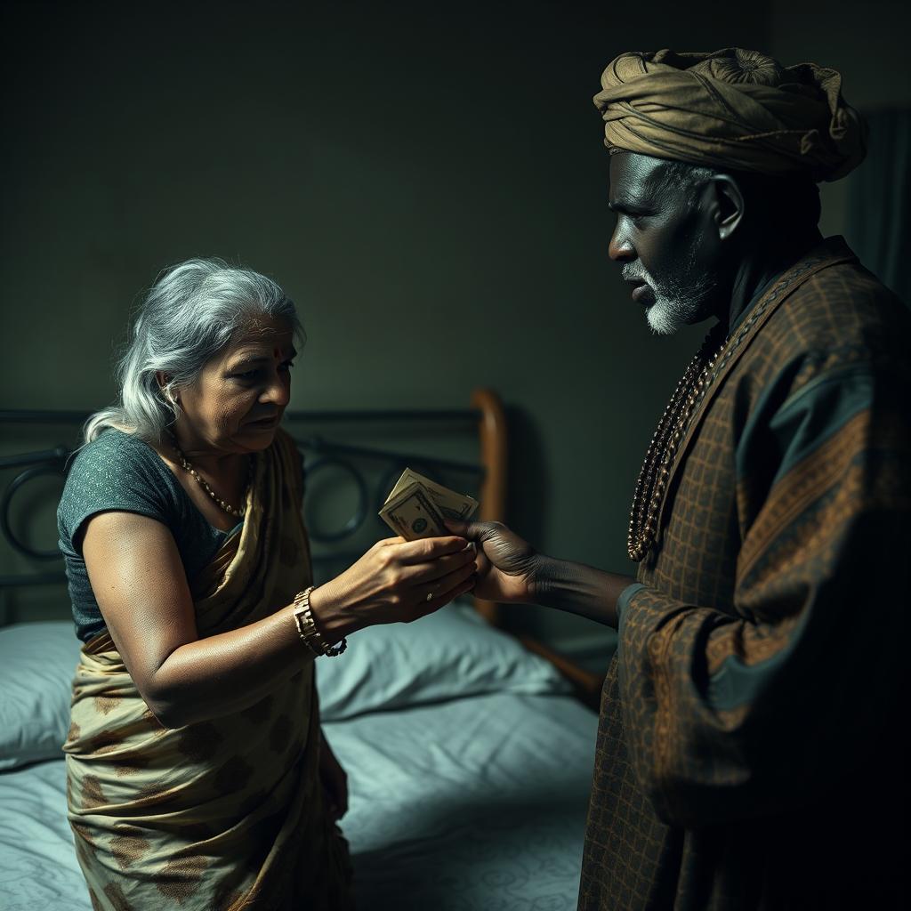 A dramatic scene in a dimly lit bedroom, featuring a scared older Indian woman with visible bruises, a black eye, and white stains in her hair, illustrating her distress