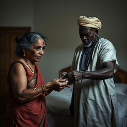 A dramatic scene in a dimly lit bedroom, featuring a scared older Indian woman with visible bruises, a black eye, and white stains in her hair, illustrating her distress