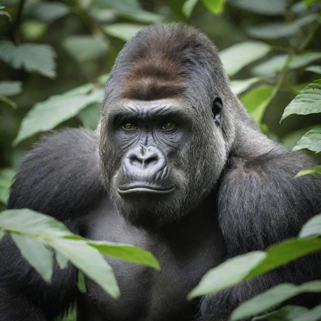 An impactful image of a gorilla in its natural habitat, showcasing its muscular physique, charcoal-grey fur, and intelligent eyes, amidst the lush green foliage of the jungle.