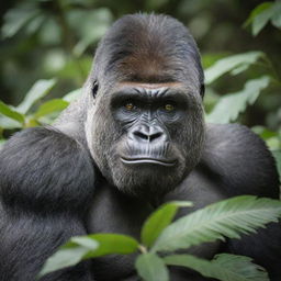 An impactful image of a gorilla in its natural habitat, showcasing its muscular physique, charcoal-grey fur, and intelligent eyes, amidst the lush green foliage of the jungle.