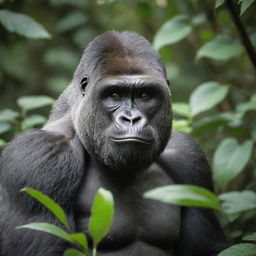 An impactful image of a gorilla in its natural habitat, showcasing its muscular physique, charcoal-grey fur, and intelligent eyes, amidst the lush green foliage of the jungle.