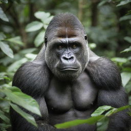 An impactful image of a gorilla in its natural habitat, showcasing its muscular physique, charcoal-grey fur, and intelligent eyes, amidst the lush green foliage of the jungle.