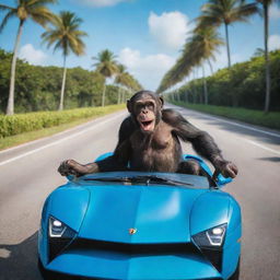 A playful image of a cheeky chimpanzee, excitedly taking a ride in a vibrant, state-of-the-art Lamborghini, effortlessly sailing down a picturesque, palm-lined boulevard with a backdrop of sparkling blue ocean.