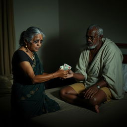 A tense scene set in a dimly lit bedroom, featuring a scared older Indian woman with visible bruises, a black eye, and white stains in her hair, conveying distress as she hands over cash to an older African male dressed in traditional attire, who displays an angry expression