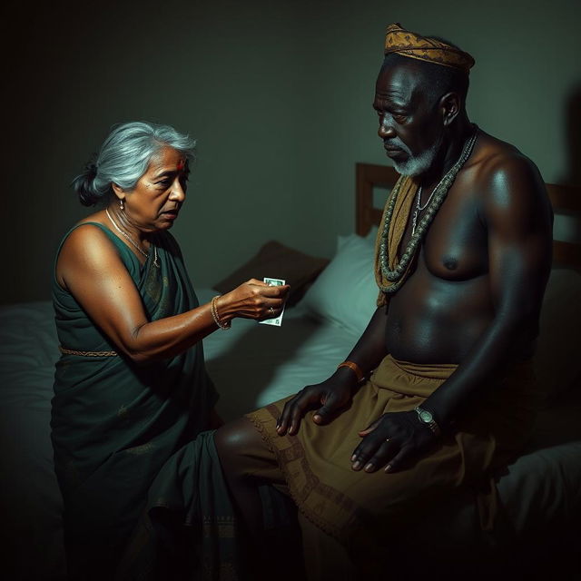 A tense scene set in a dimly lit bedroom, featuring a scared older Indian woman with visible bruises, a black eye, and white stains in her hair, conveying distress as she hands over cash to an older African male dressed in traditional attire, who displays an angry expression