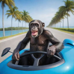 A playful image of a cheeky chimpanzee, excitedly taking a ride in a vibrant, state-of-the-art Lamborghini, effortlessly sailing down a picturesque, palm-lined boulevard with a backdrop of sparkling blue ocean.