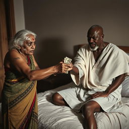 A tense scene set in a dimly lit bedroom, featuring a scared older Indian woman with visible bruises, a black eye, and white stains in her hair, conveying distress as she hands over cash to an older African male dressed in traditional attire, who displays an angry expression