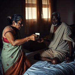 A tense scene set in a dimly lit bedroom, featuring a scared older Indian woman with visible bruises, a black eye, and white stains in her hair, conveying distress as she hands over cash to an older African male dressed in traditional attire, who displays an angry expression