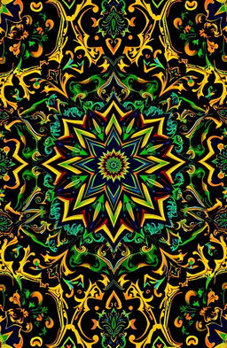 A beautiful Islamic geometric pattern, featuring intricate designs with vibrant colors such as deep blues, rich golds, and lush greens