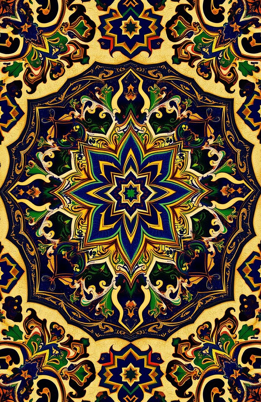 A beautiful Islamic geometric pattern, featuring intricate designs with vibrant colors such as deep blues, rich golds, and lush greens