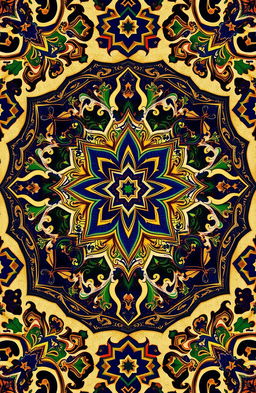 A beautiful Islamic geometric pattern, featuring intricate designs with vibrant colors such as deep blues, rich golds, and lush greens