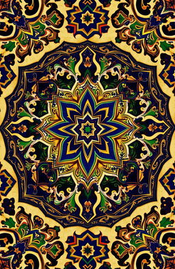 A beautiful Islamic geometric pattern, featuring intricate designs with vibrant colors such as deep blues, rich golds, and lush greens