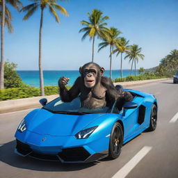 A playful image of a cheeky chimpanzee, excitedly taking a ride in a vibrant, state-of-the-art Lamborghini, effortlessly sailing down a picturesque, palm-lined boulevard with a backdrop of sparkling blue ocean.