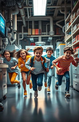 A realistic photo depicting six teenagers (three girls and three boys) in a high-tech laboratory setting, energetically running away from something