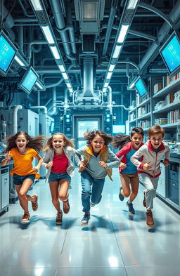 A realistic photo depicting six teenagers (three girls and three boys) in a high-tech laboratory setting, energetically running away from something