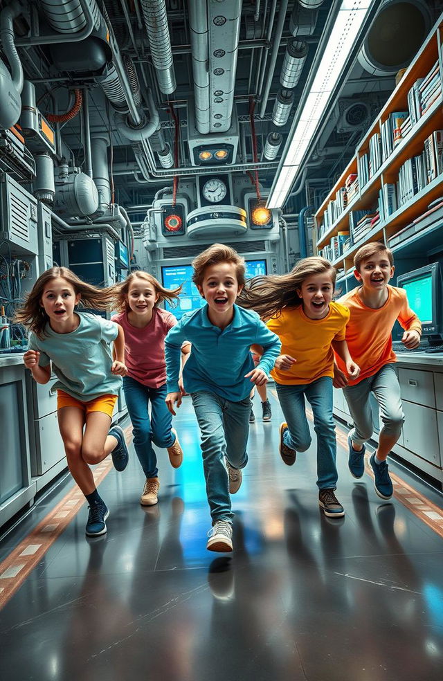 A realistic photo depicting six teenagers (three girls and three boys) in a high-tech laboratory setting, energetically running away from something