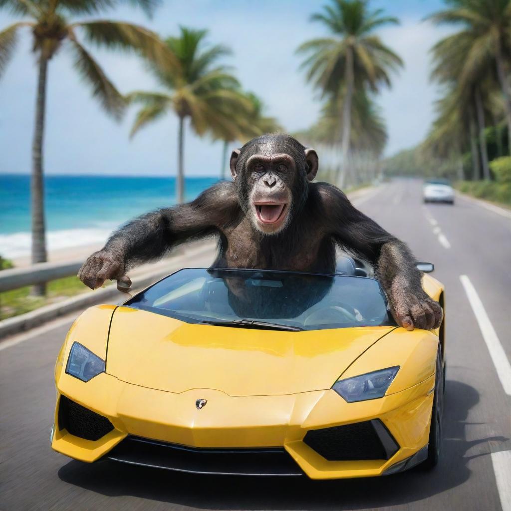 A playful image of a cheeky chimpanzee, excitedly taking a ride in a vibrant, state-of-the-art Lamborghini, effortlessly sailing down a picturesque, palm-lined boulevard with a backdrop of sparkling blue ocean.