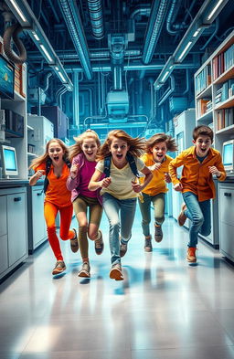 A realistic photo depicting six teenagers (three girls and three boys) in a high-tech laboratory setting, energetically running away from something