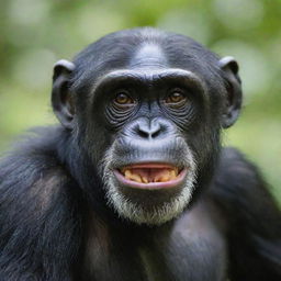 A vivid close-up image of a chimpanzee in its natural environment, displaying expressive features, intense gaze, and dark fur, set against the vibrant green backdrop of a tropical rainforest.