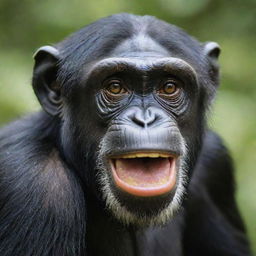 A vivid close-up image of a chimpanzee in its natural environment, displaying expressive features, intense gaze, and dark fur, set against the vibrant green backdrop of a tropical rainforest.