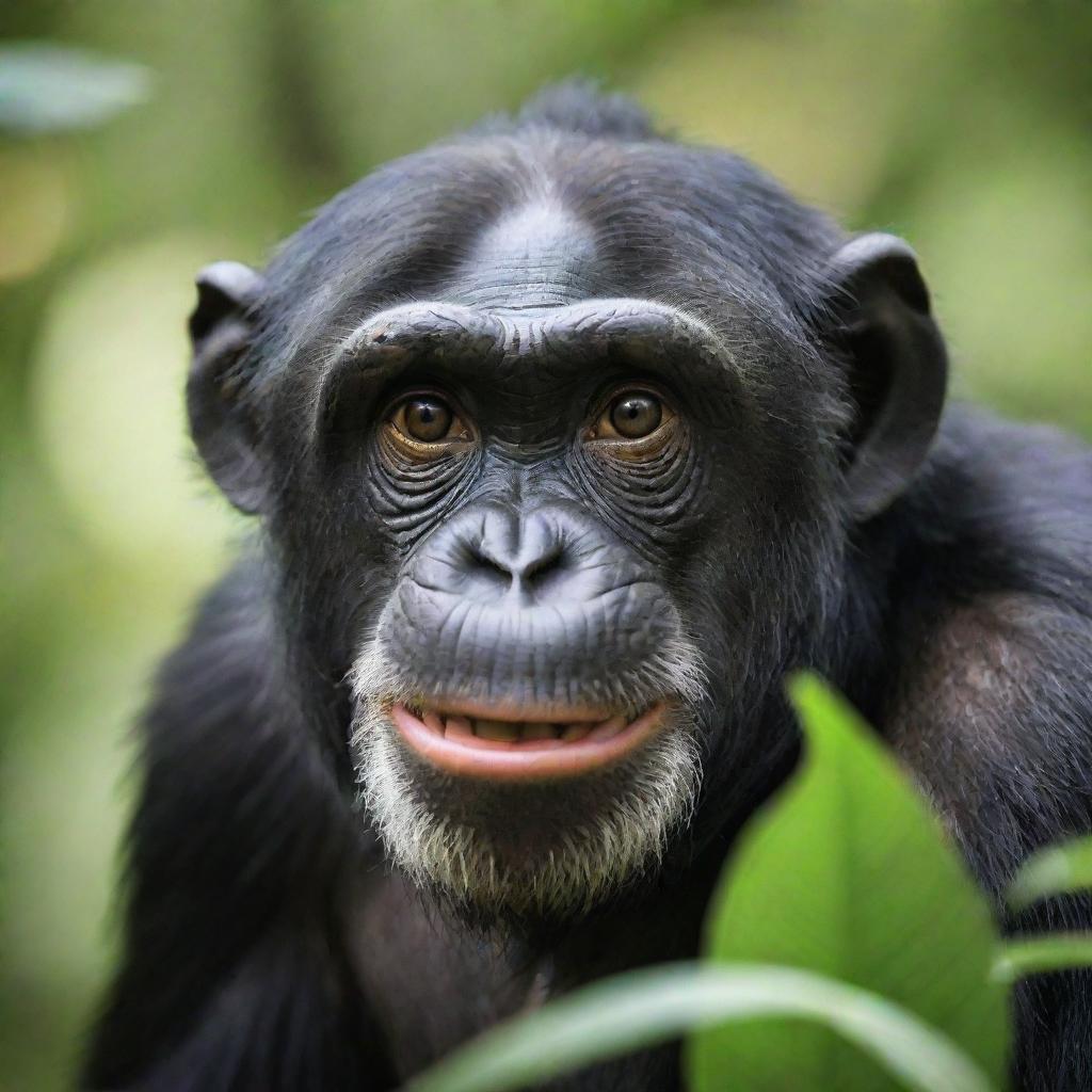 A vivid close-up image of a chimpanzee in its natural environment, displaying expressive features, intense gaze, and dark fur, set against the vibrant green backdrop of a tropical rainforest.