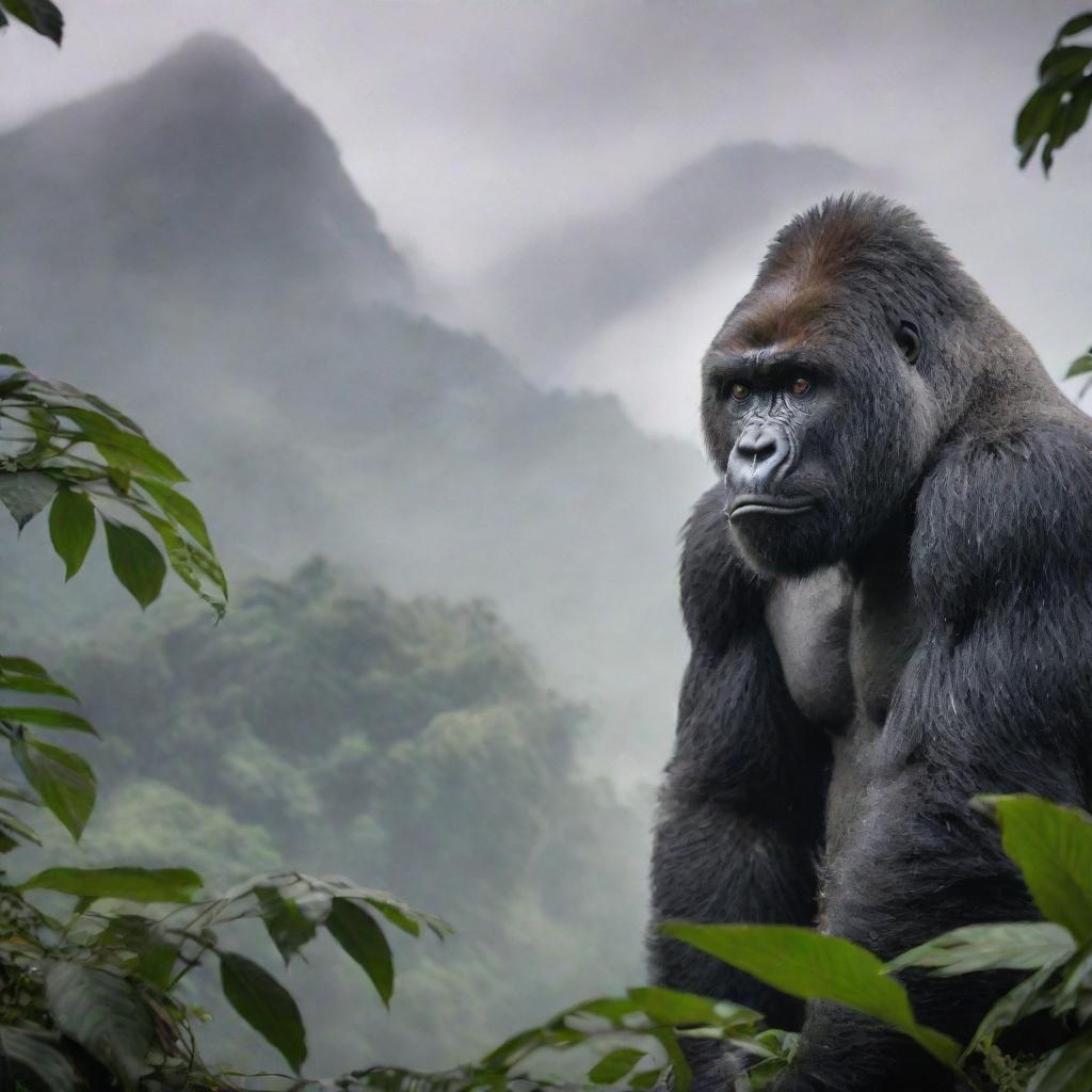 A riveting portrayal of a mountain gorilla, showcasing its majestic, muscular stature and dense, dark fur against the arresting backdrop of a tropical rainforest in the misty mountains.