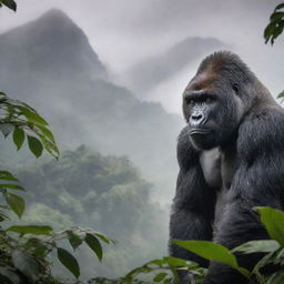 A riveting portrayal of a mountain gorilla, showcasing its majestic, muscular stature and dense, dark fur against the arresting backdrop of a tropical rainforest in the misty mountains.