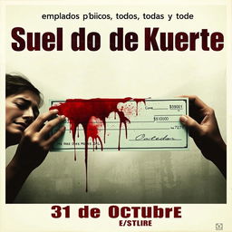 A dramatic movie poster for 'Sueldo de Muerte', featuring a bloody check as the central image, symbolizing the dark themes of the film